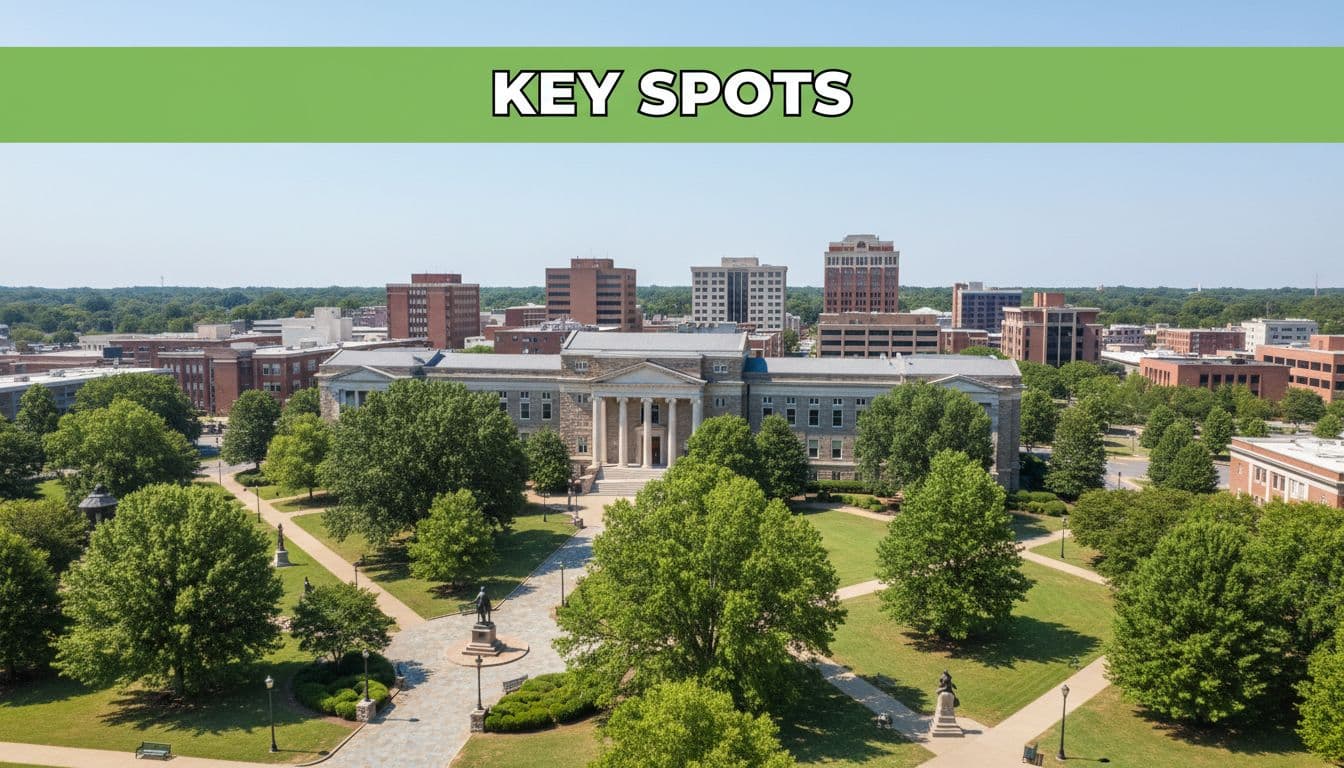 Photorealistic scenic view of downtown Anniston, Alabama, showcasing a historic museum and park with green trees and pathways under a clear daytime sky. Bold 'Key Spots' headline in a green top band, no people, cars, or crowds.