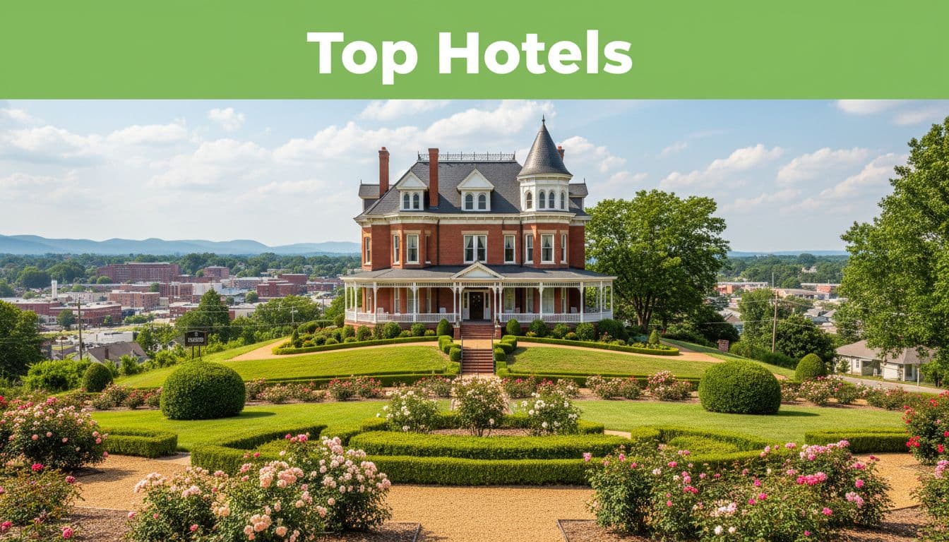 Elegant historic boutique hotel exterior on a hilltop overlooking downtown Anniston, Alabama, with manicured gardens in bright daylight. Photorealistic style branded with 'Top Hotels' headline in green band.