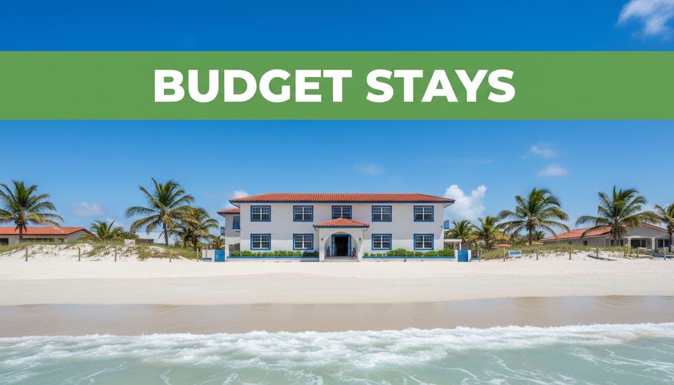 Realistic photo of a beachfront budget hotel exterior centered on the entrance, with white sand beach, gently rolling ocean waves, a few palm trees, sunny midday light, and blue sky. Features a bold 'Budget Stays' headline in green band at the top.