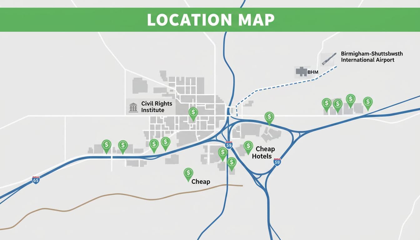Photorealistic infographic map of Birmingham, Alabama highlighting cheap hotels near downtown, airport, and attractions like the Civil Rights Institute. Simple illustrative style with markers on key spots, daytime landscape overview, and bold 'Location Map' headline on green top band.