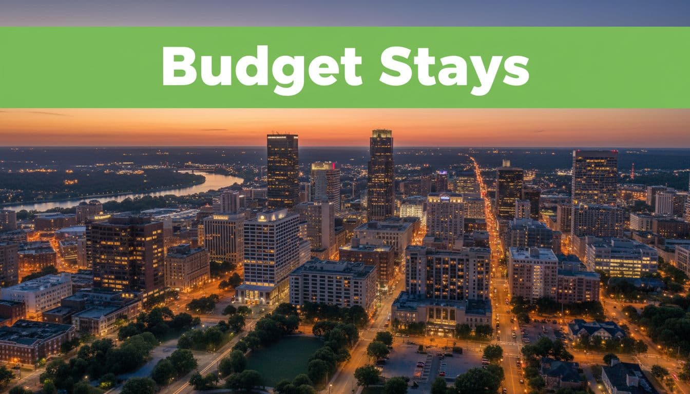 Vibrant aerial view of Birmingham, Alabama skyline at dusk showcasing hotels, downtown buildings, green parks, and a river, in photorealistic golden hour lighting with a bold 'Budget Stays' headline band at the top.