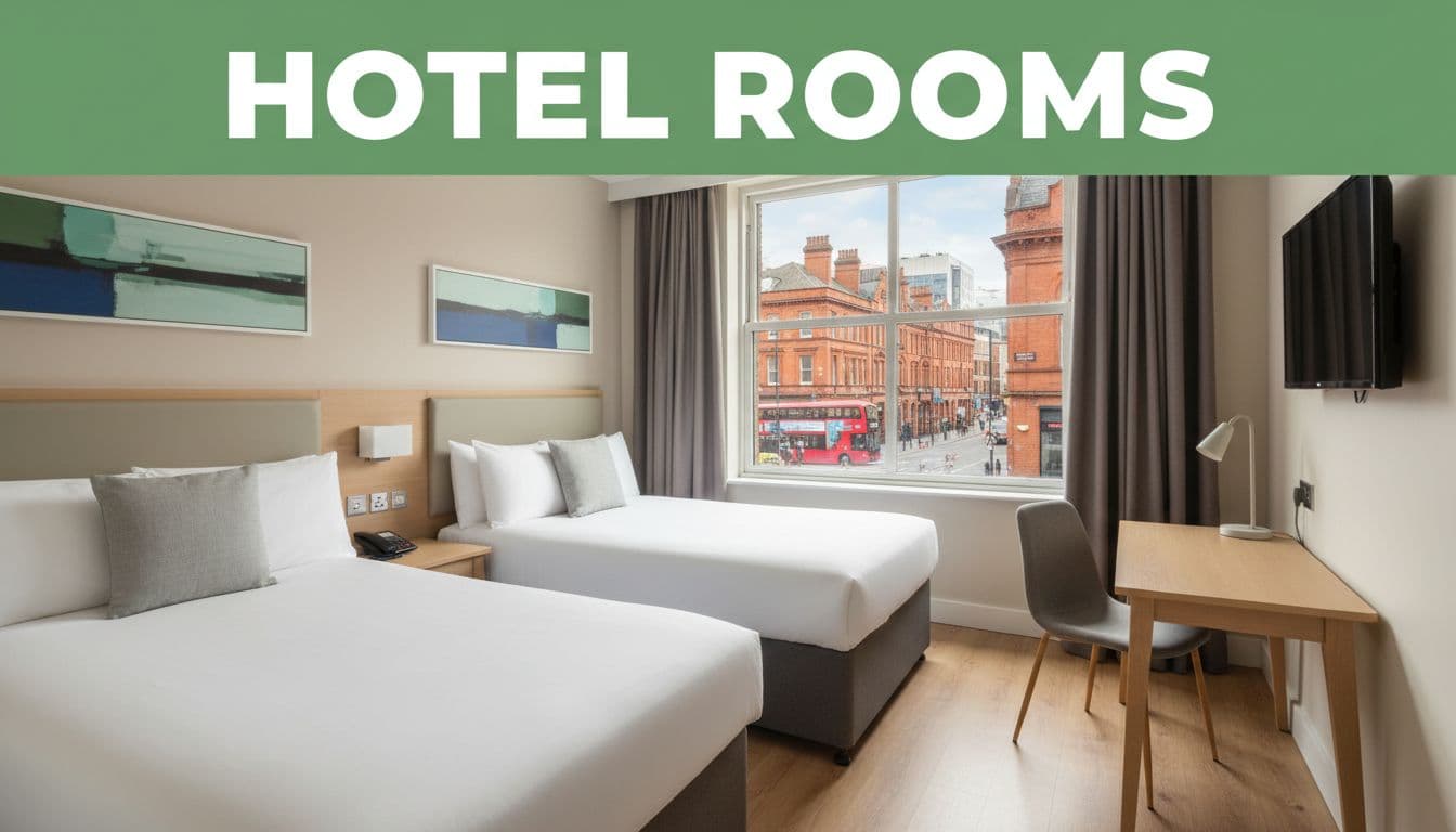 Photorealistic interior of a cozy budget hotel room in Birmingham with two queen beds, simple wooden desk, and window view of the street. Clean modern setup in neutral tones with soft natural daylight and bold 'Hotel Rooms' headline on green band.