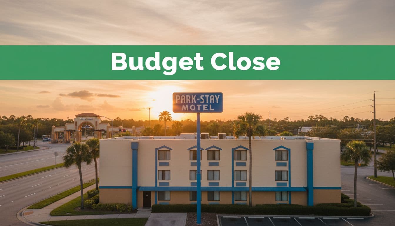 Exterior view of a budget hotel directly opposite the Universal Studios Orlando entrance at golden hour, with warm tones and the park gates visible to emphasize proximity.