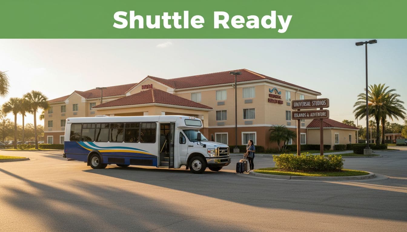 A shuttle bus picks up guests outside a budget hotel near Universal Studios Orlando in soft morning light, featuring hotel and park direction signs for a landscape view emphasizing transport convenience.