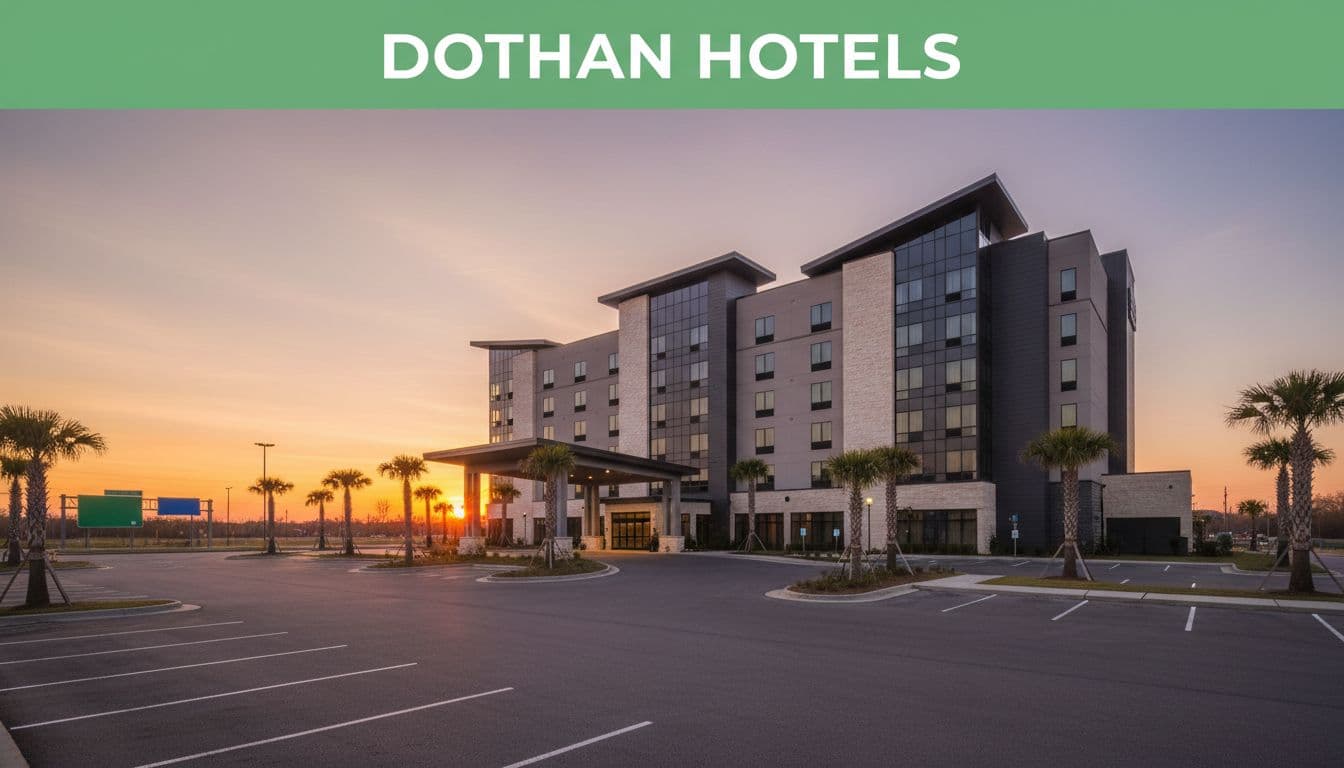 Modern hotel building exterior in Dothan, Alabama at dusk with palm trees, highway signs, parking lot, and entrance in wide landscape view under warm golden hour lighting.