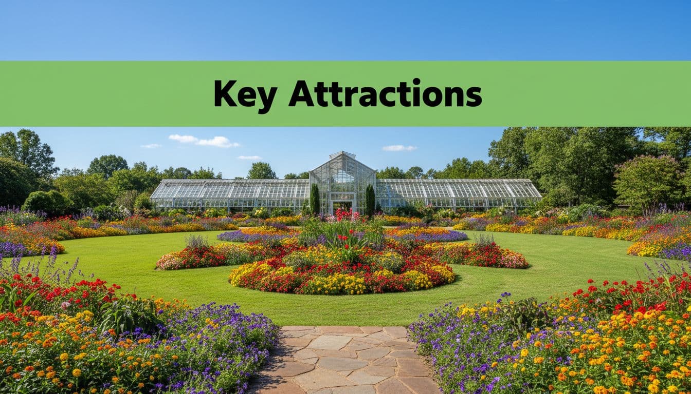 Scenic wide landscape view of Dothan Area Botanical Gardens in Alabama, centered on the garden entrance with lush green lawns, colorful flower beds, winding paths, and distant greenhouses under a clear blue sky.