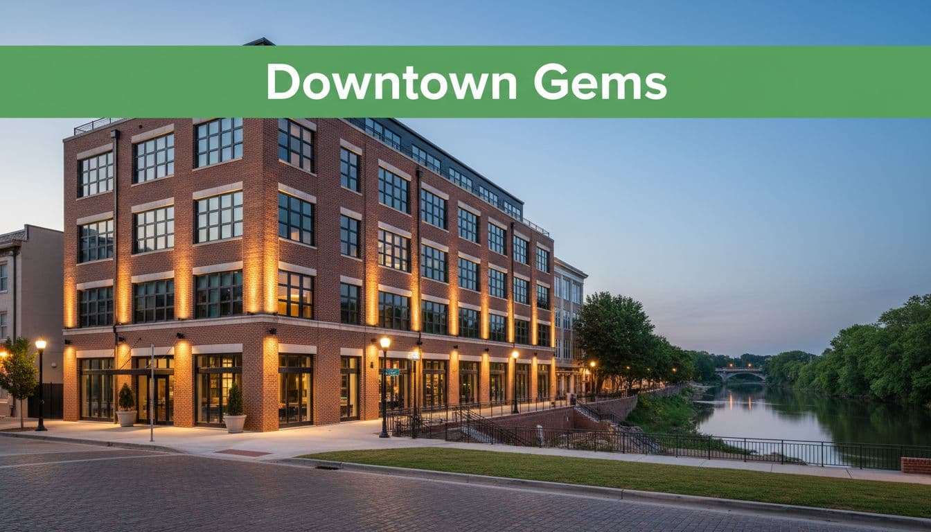 Exterior view of a modern boutique hotel in downtown Florence, Alabama at dusk, with warm lights illuminating the brick facade, nearby river, street, and park in a wide realistic landscape photo, featuring bold 'Downtown Gems' headline overlay.