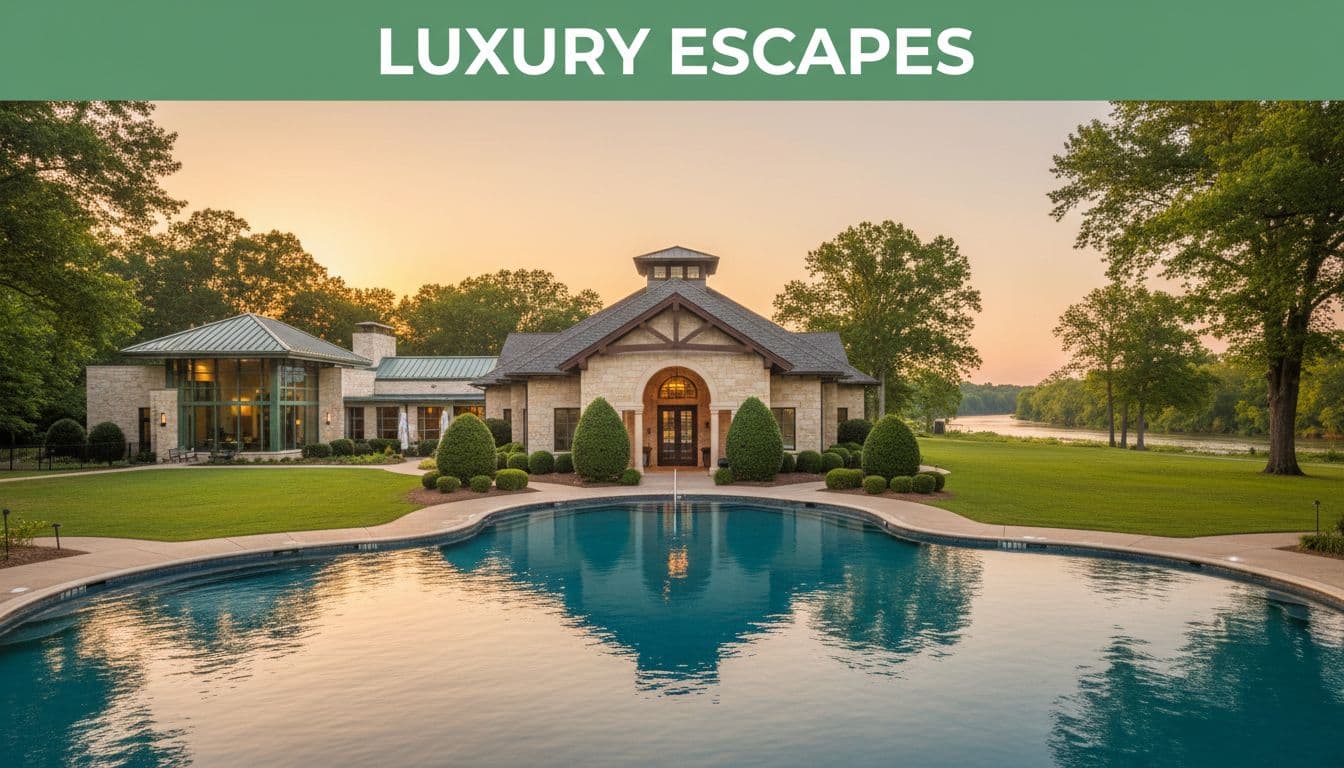 Photorealistic exterior of a luxury resort hotel in Florence, Alabama, along the Tennessee River, featuring spa building, sunset-reflecting outdoor pool, lush lawns and trees, centered on main entrance with golden hour lighting and 'Luxury Escapes' headline.