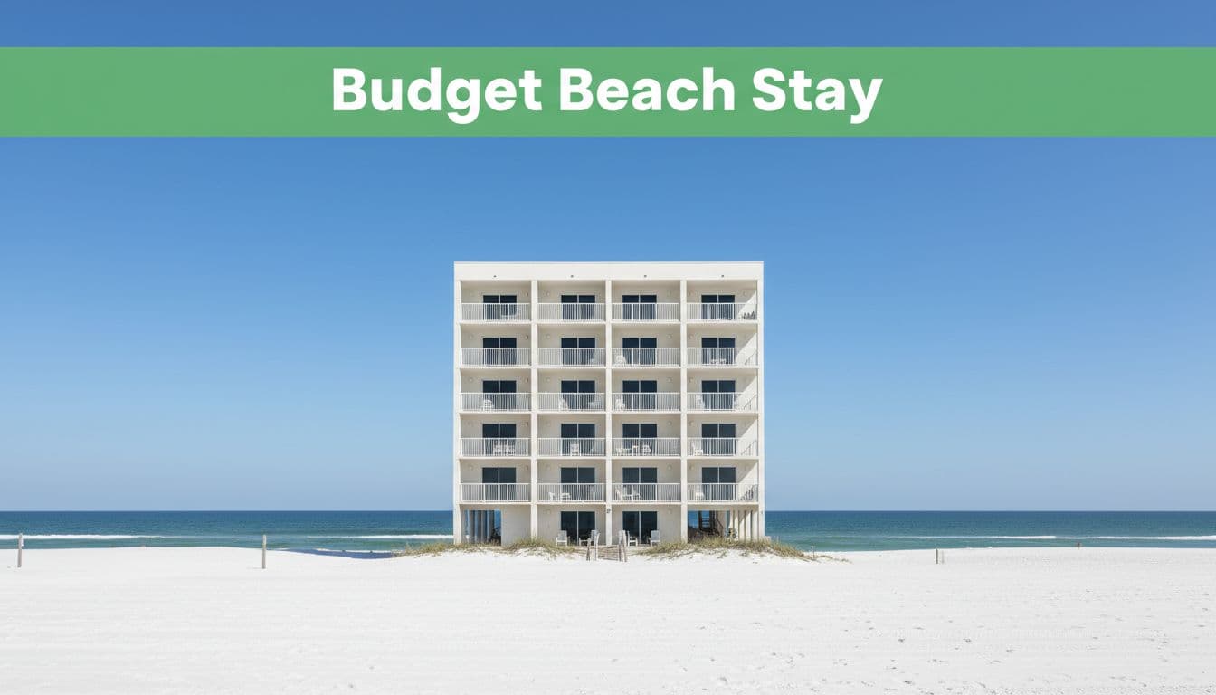 Compact white multi-story beachfront hotel in Gulf Shores, Alabama, with balconies overlooking white sand beach and gentle ocean waves under clear blue sky, realistic photograph with branded green header band and 'Budget Beach Stay' headline.