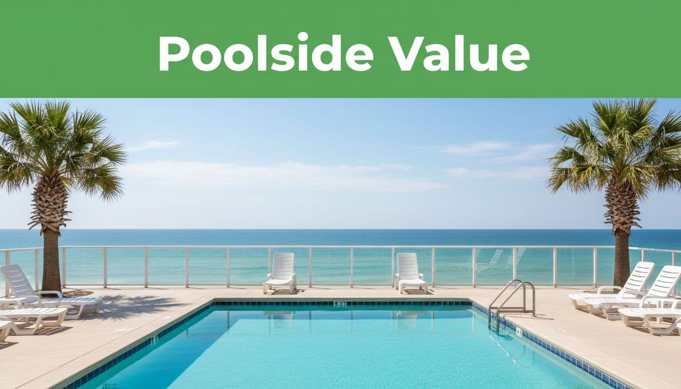 Outdoor pool deck at a cheap Gulf Shores beach hotel featuring exactly two lounge chairs overlooking the ocean horizon, with palm trees nearby on a sunny day, wide-angle photorealistic composition with relaxed vibe and bright natural lighting, topped with a bold green 'Poolside Value' headline band.