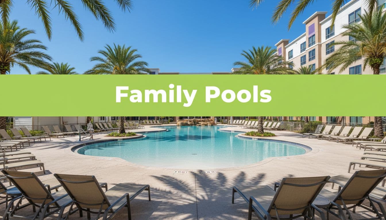 Serene family pool area at a budget Universal Orlando hotel under clear blue skies, featuring lounge chairs, palm trees, and hotel building background in a realistic landscape photo with vibrant lighting. Bold green header band at top with 'Family Pools' text, no people or toys.