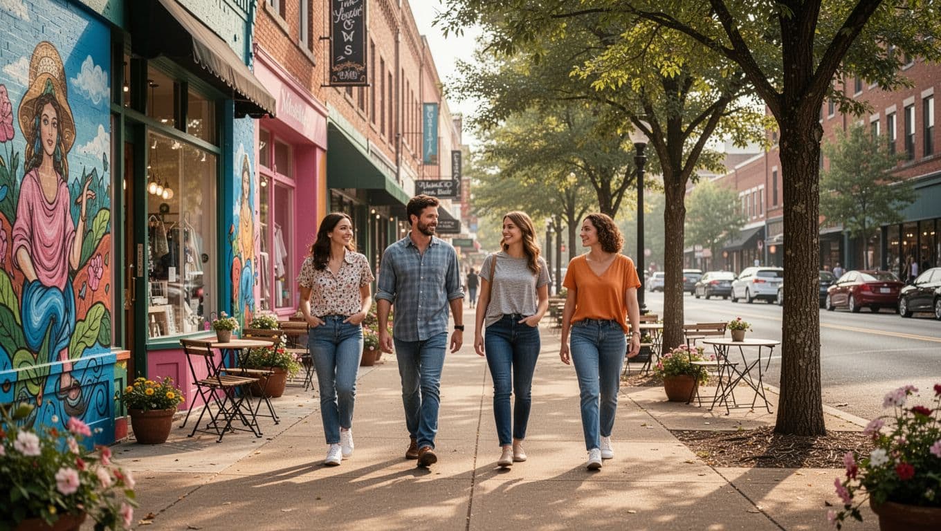 Vibrant morning landscape of 12 South Nashville neighborhood with four shoppers strolling past boutique stores, murals, and eateries on tree-lined sidewalks, capturing trendy residential vibe in realistic style. Bold editorial headline '12 South Steps' in green horizontal band at top.