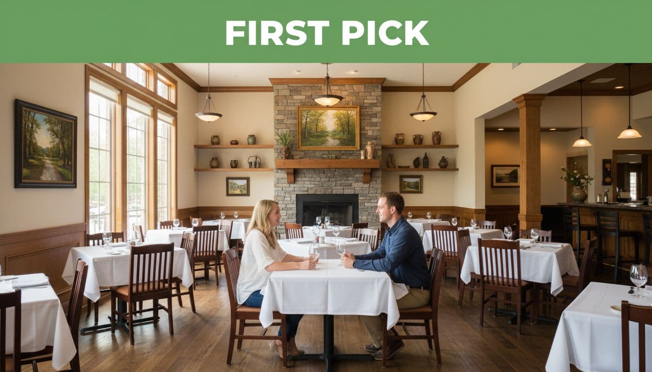 Elegant dining room with wooden tables, white tablecloths, seated couple, Southern decor, and top 'FIRST PICK' headline.