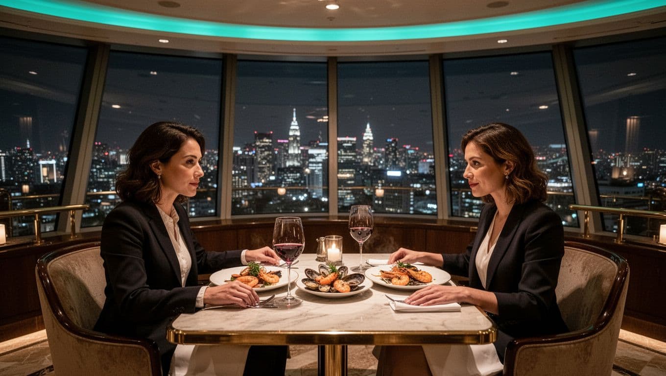 Elegant revolving restaurant interior at night with panoramic city skyline through large windows, featuring one table with two diners enjoying seafood and wine.
