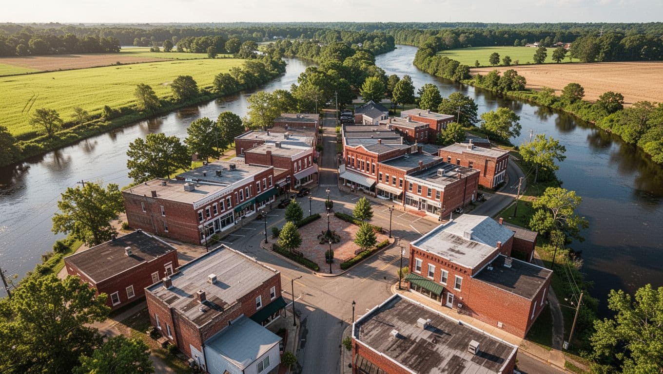 Aerial view of Abbeville historic downtown buildings and nearby river on sunny day with green Abbeville Stays headline band at top.