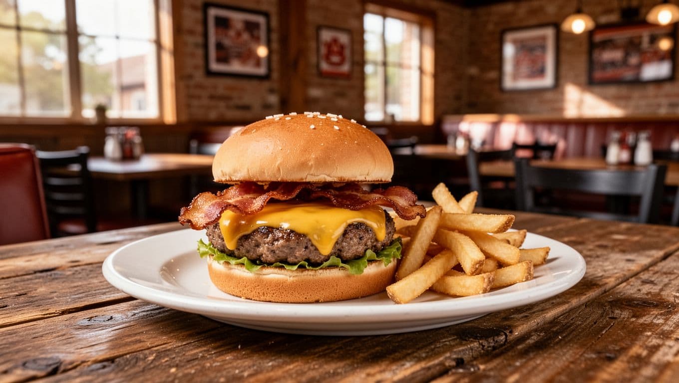 A signature Southern burger with bacon, cheddar, and fries on a white plate in a cozy Auburn Alabama restaurant interior, featuring a bold green header band with 'Acre Burger' headline and realistic photography style.