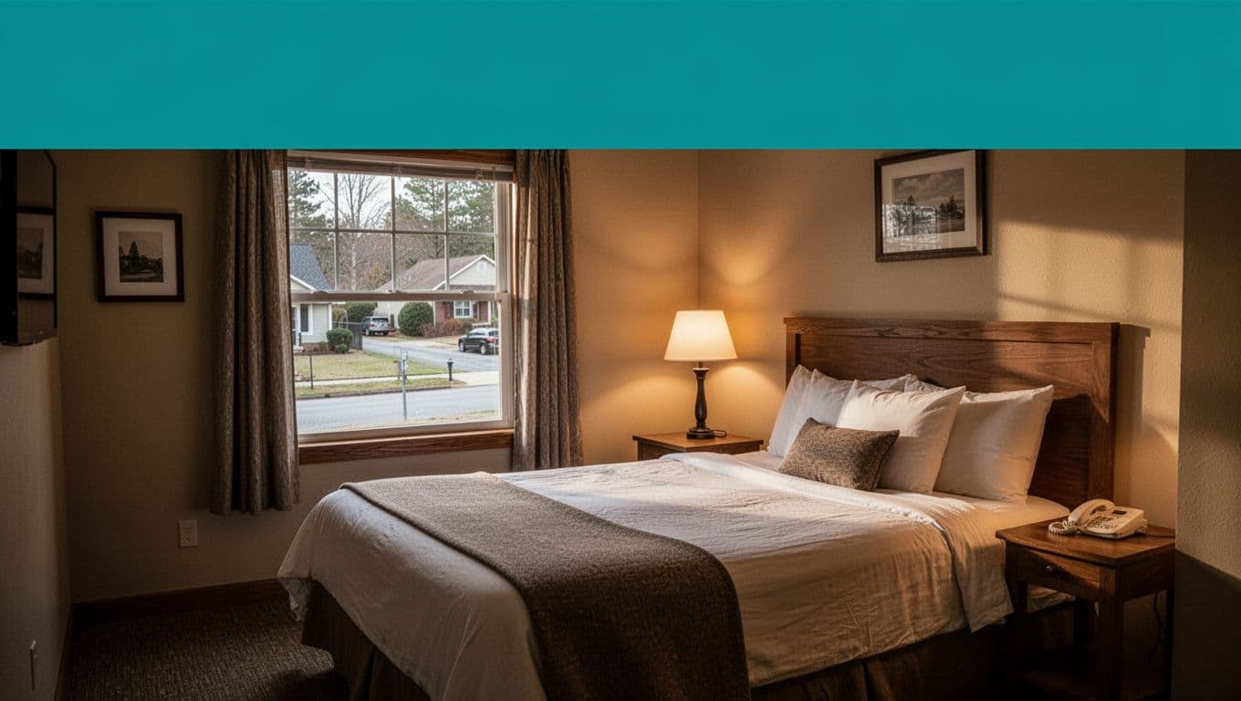 Cozy hotel room interior in Adamsville, Alabama style, featuring a comfortable bed, softly lit nightstand lamp, and suburban night view through the window. Warm lighting and realistic photo style illustrate an inviting accommodation option for travelers.