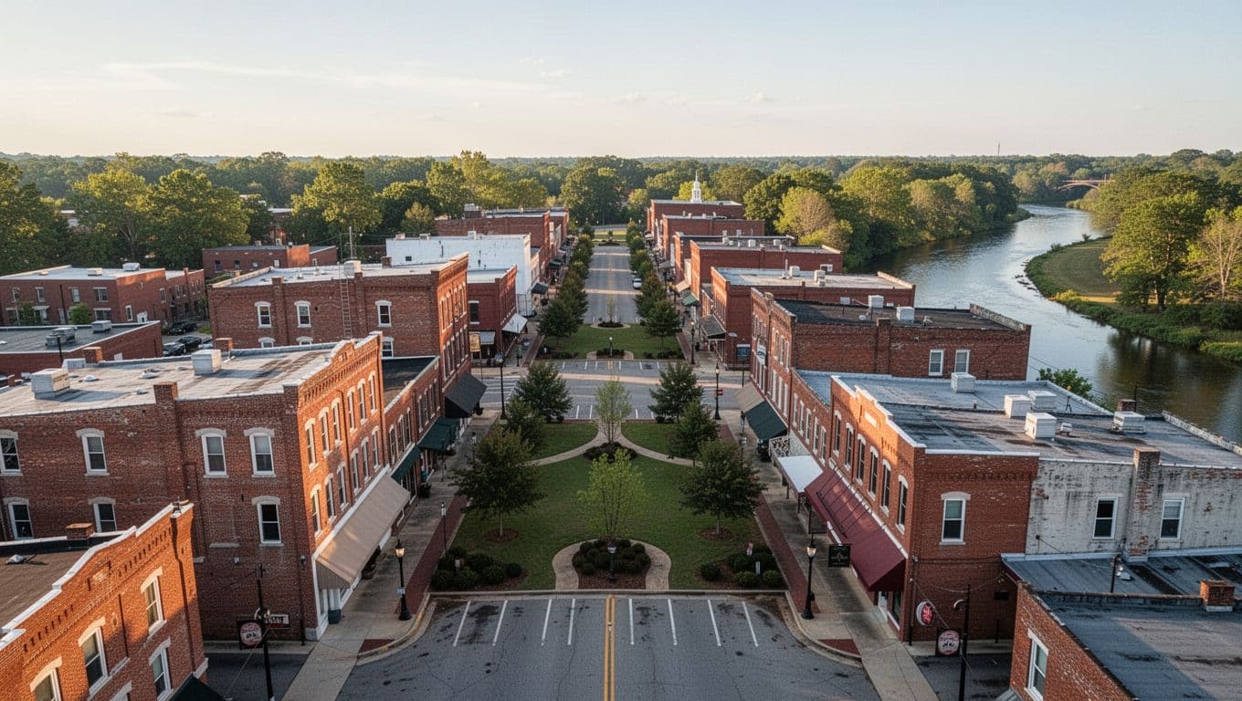 Aerial photograph of downtown Geneva Alabama showcasing historic buildings main street park and nearby river under clear daytime sky with warm natural lighting realistic style no people.