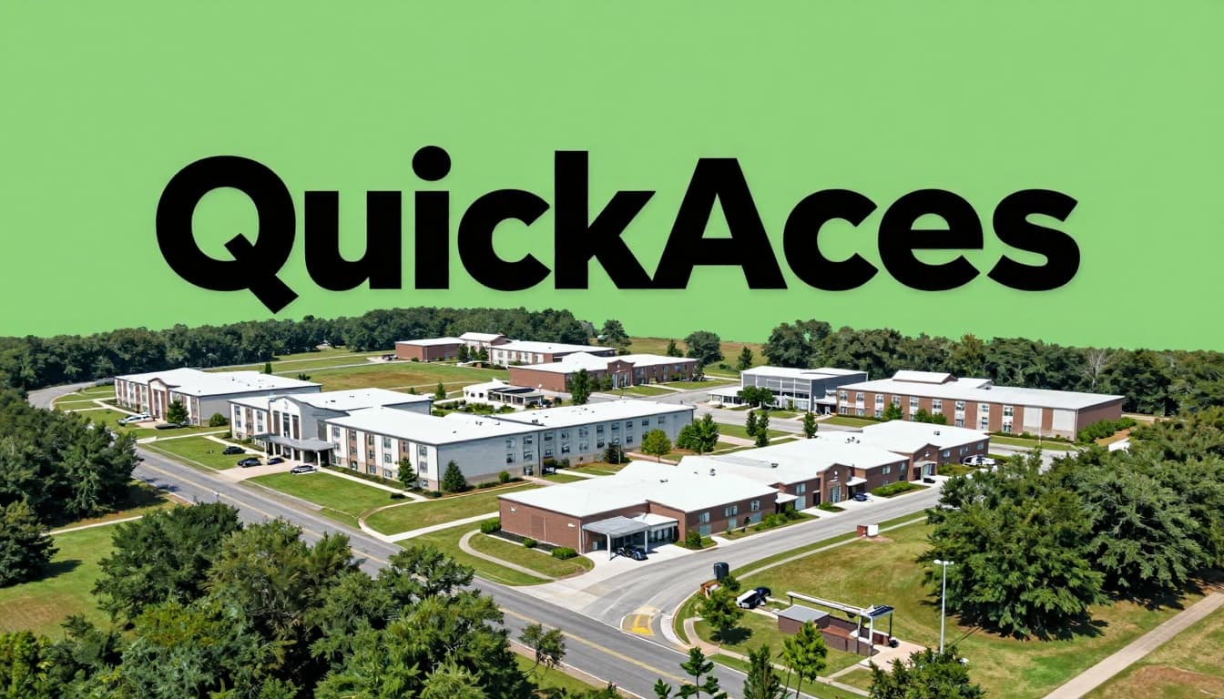 Aerial view of modern hotels clustered near Fort Novosel military base entrance in rural Alabama, with clear road access and a bold 'Quick Access' headline band.