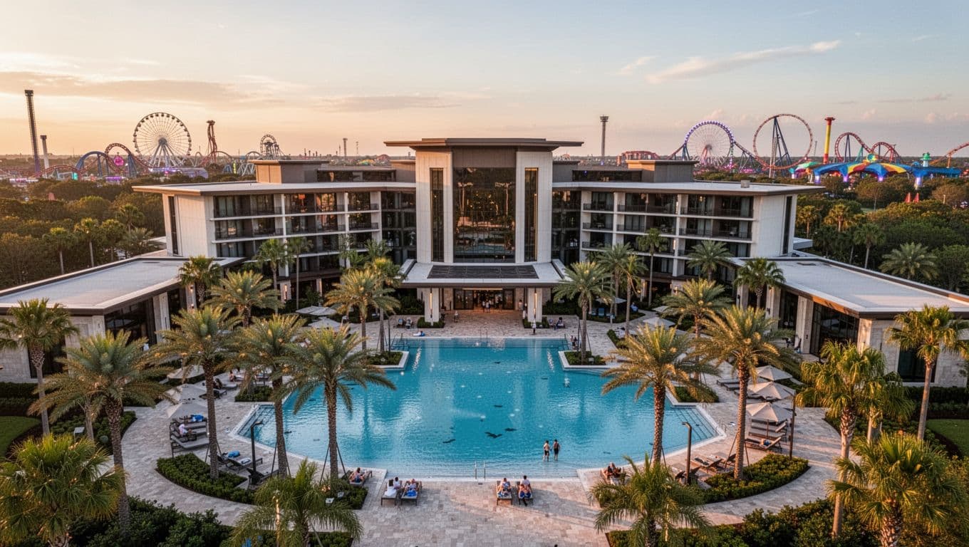 Aerial view of luxury resort hotel near theme park entrance at dusk, modern architecture with pools, palm trees, and guests by zero-entry pool under clear sky with glowing park lights.