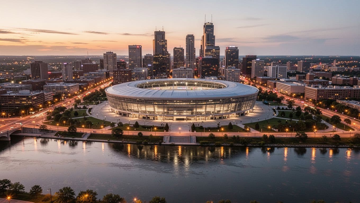 Aerial view of Nissan Stadium in Nashville at dusk, with the downtown skyline in the background and Cumberland River in the foreground. Vibrant city lights reflect on the water in a realistic photo with warm golden hour lighting.