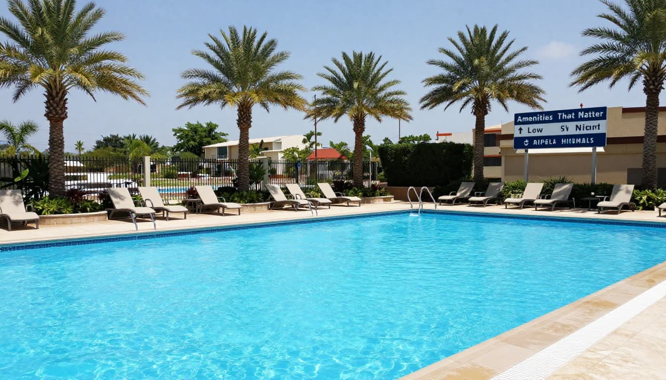 Serene outdoor pool at an airport hotel with clear blue water, lounge chairs, palm trees, and a nearby highway airport sign on a sunny day. Realistic photo style, no people, focused on one pool.