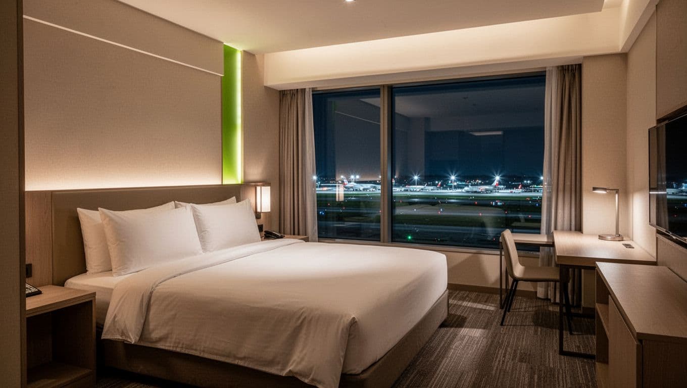 Comfortable hotel room interior with king bed, work desk, and window view of airport lights at night in a simple clean layout. Bold 'Hotel Amenities' headline in green band at top with soft warm lighting.