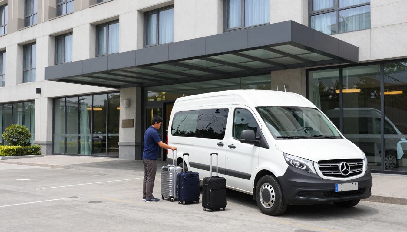 An airport shuttle van loads luggage from suitcases on the sidewalk at a modern hotel entrance during daytime, with the driver visible and no crowds present.