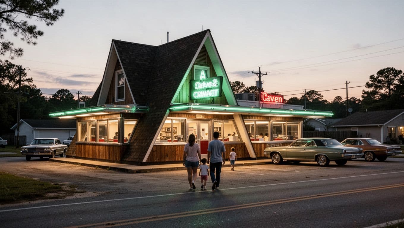 1960s A-frame drive-in diner exterior at dusk with top 'Local Icon' green band, glowing Big Chief neon sign, parked cars, family approaching counter.