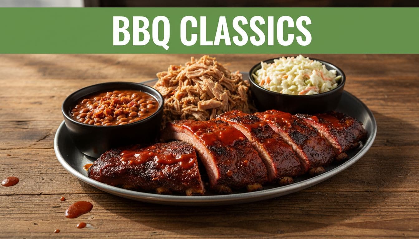Centered platter of BBQ ribs, pulled pork, baked beans, and coleslaw on wooden table under green 'BBQ CLASSICS' band.
