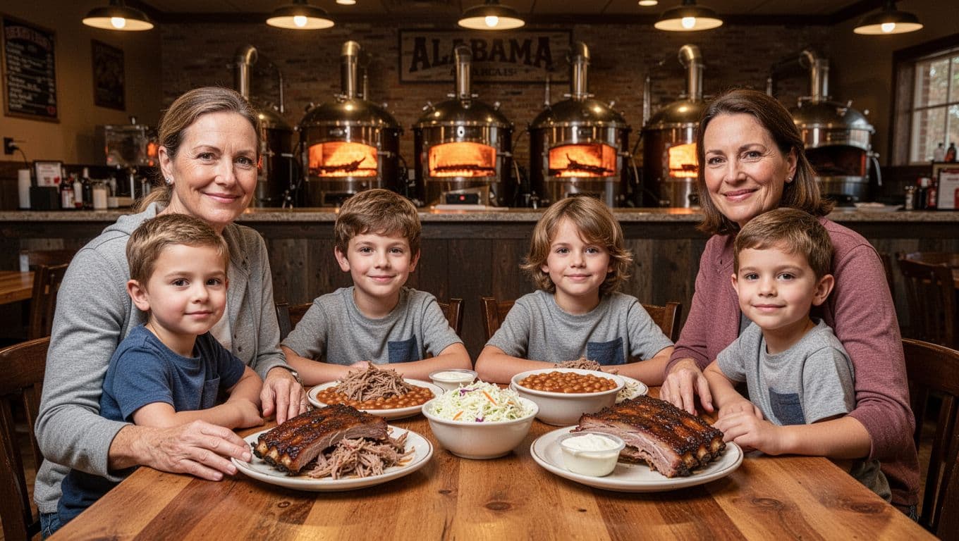 Family of four at wooden table with pulled pork ribs, beans, slaw, white sauce; green 'BBQ Favorites' banner top, smokers behind.