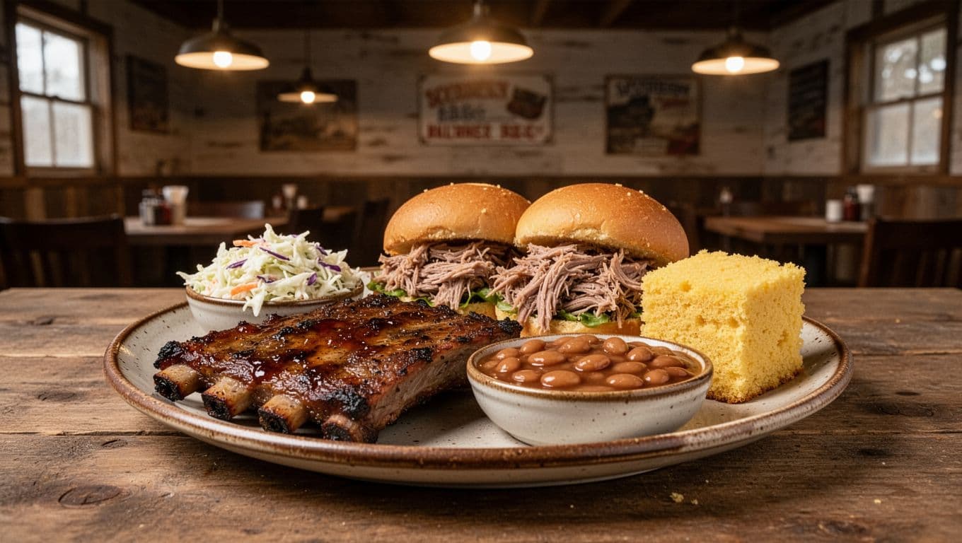 Rustic close-up of a plate with smoked ribs, pulled pork sandwich, coleslaw, baked beans, and cornbread on a wooden table in a small Alabama BBQ shack under warm lamp lighting. Bold 'BBQ King' headline in green band across the top.