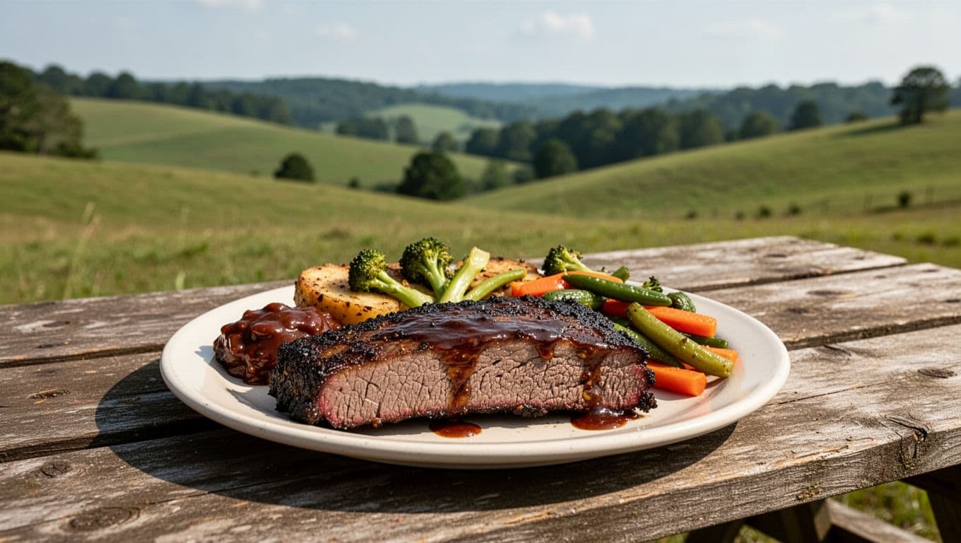 Picnic table with BBQ brisket plate and sides in green Alabama hills, green 'Trip Pairing' headline band at top.