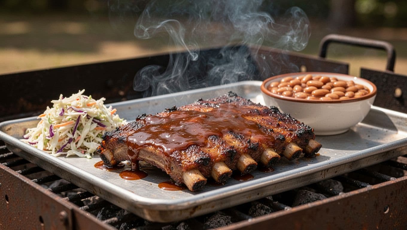 Smoky saucy ribs on metal tray with coleslaw and beans in outdoor BBQ pit, green band with 'Alabama BBQ' headline above.