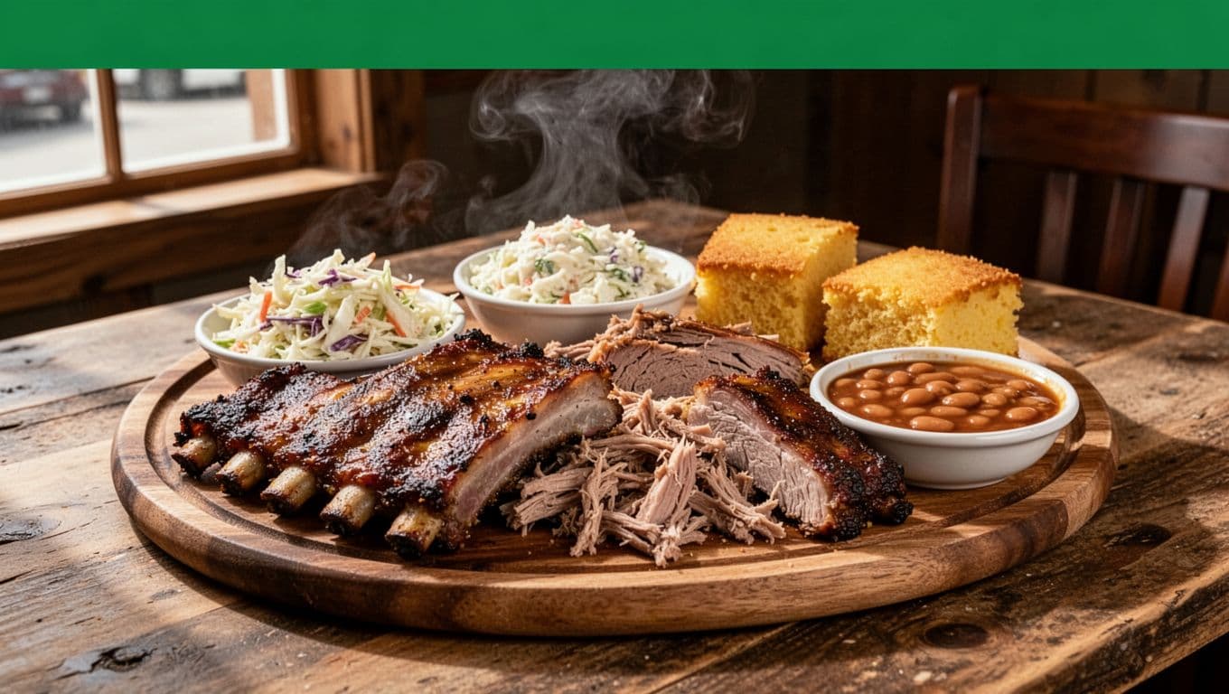 Editorial-style image featuring a bold green header band with 'BBQ Spots' headline and a photorealistic close-up of an Alabama-style barbecue platter including smoked ribs, pulled pork, coleslaw, baked beans, and cornbread on a wooden table in a casual Southern restaurant with steam rising and natural daylight.