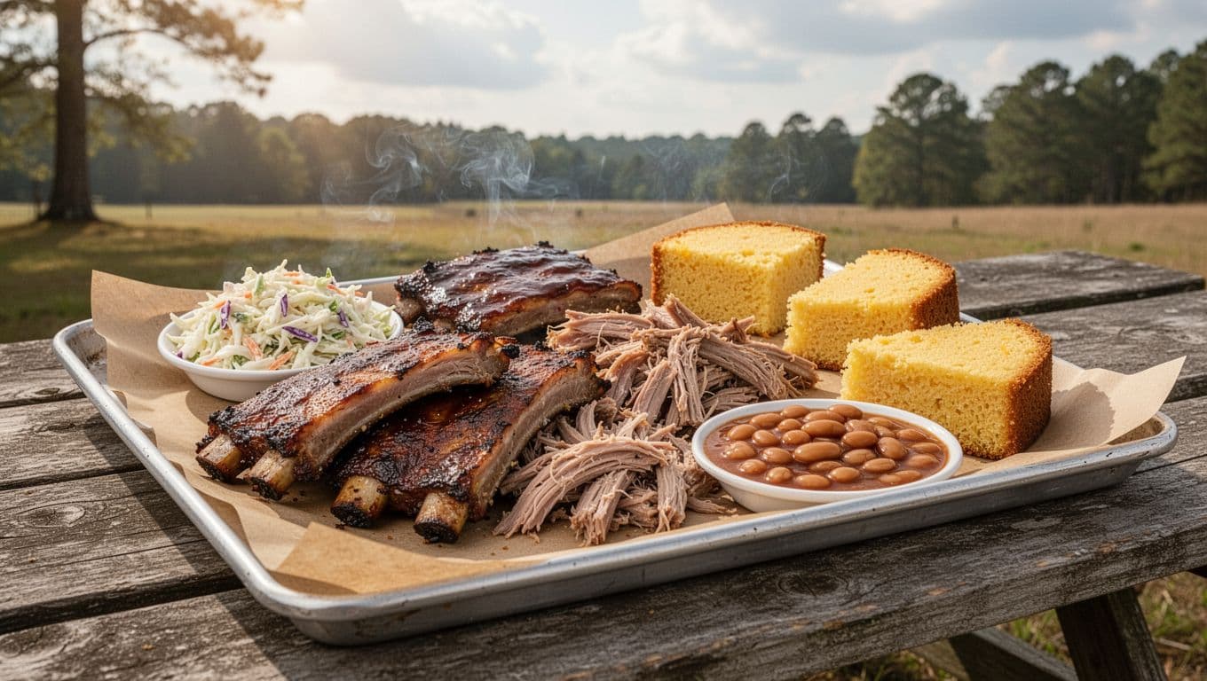 Platter of smoked ribs, pulled pork, coleslaw, beans, cornbread on butcher paper atop rustic picnic table outdoors, green top banner with 'BBQ Spread'.