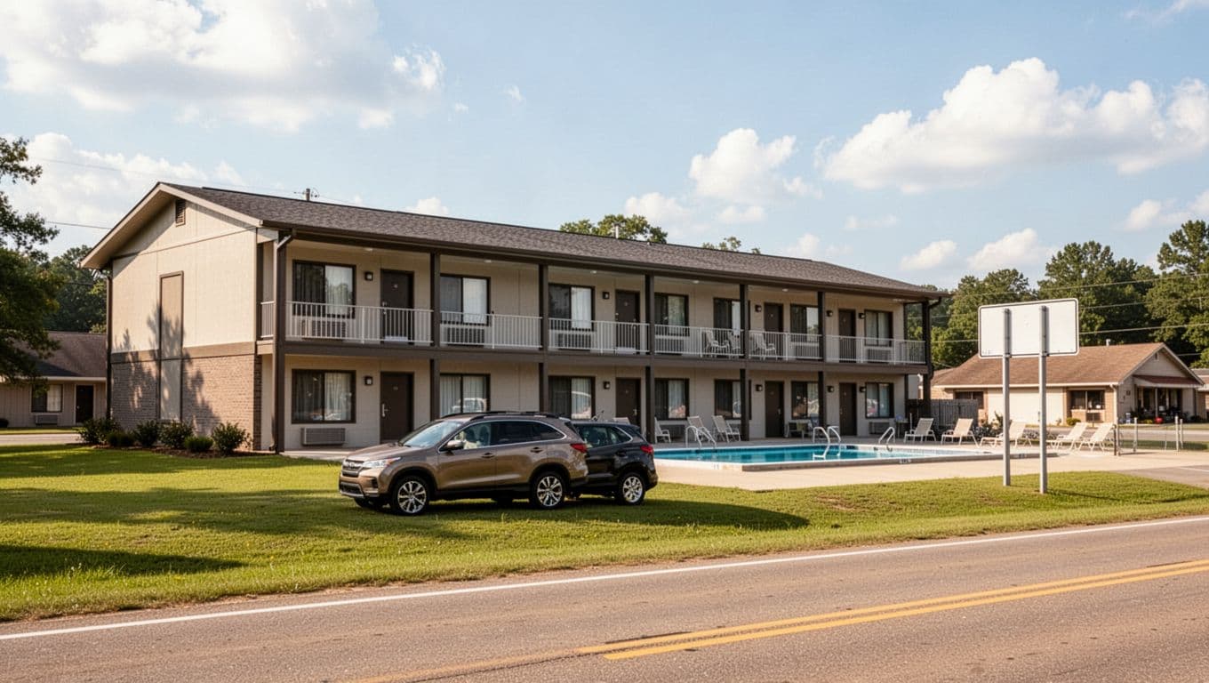 Roadside view of a modern two-story budget hotel chain near a small Alabama town, featuring balcony railings, pool area, green lawns, highway signpost, and one parked family SUV under a clear sky with scattered clouds. Top green banner with 'NEARBY STAYS' headline emphasizes convenient accommodations.