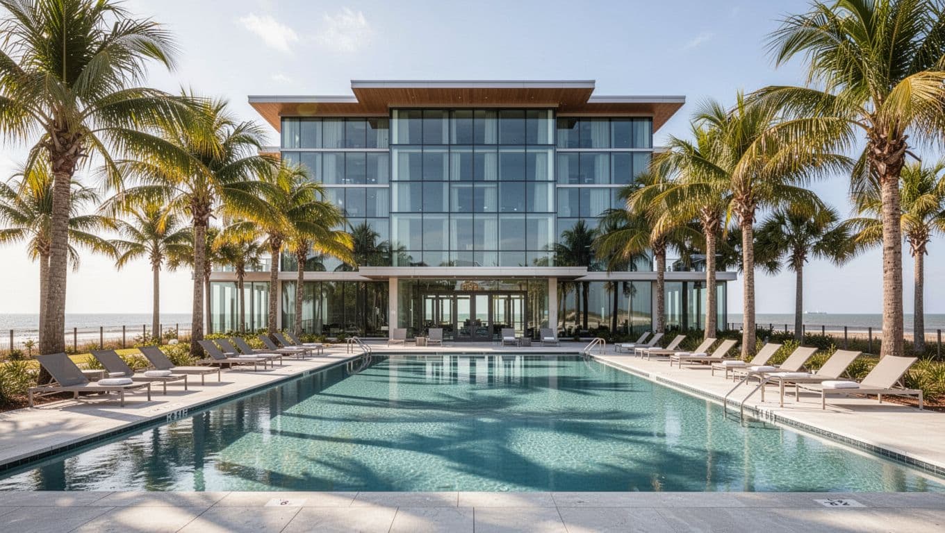 Elegant modern hotel exterior featuring outdoor pool and palm trees in sunny Alabama coastal setting, with bold NEARBY STAYS header band and bright natural daylight.