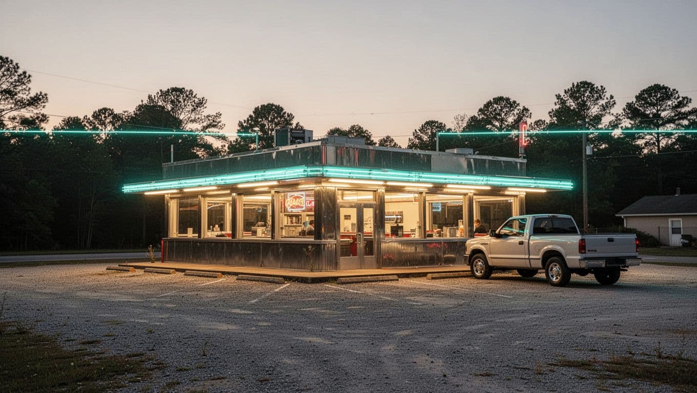 Alabama roadside diner exterior at dusk with glowing neon sign, empty gravel lot, parked pickup truck, warm window lights, and top RUNNER UPS green band.