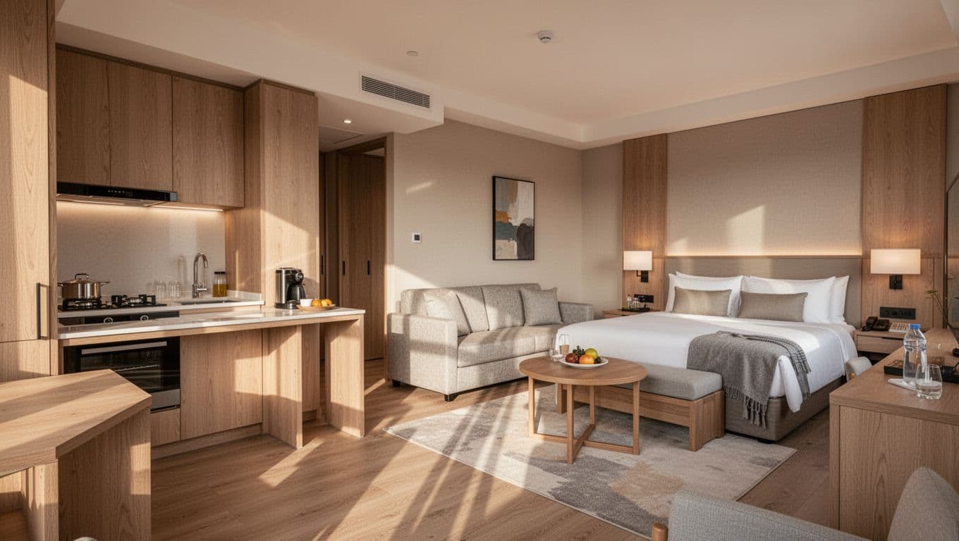 Comfortable modern Alabama hotel suite interior with kitchenette and sofa bed for families, warm lighting, wide-angle view of full amenities, branded with 'FAMILY PICKS' headline banner.