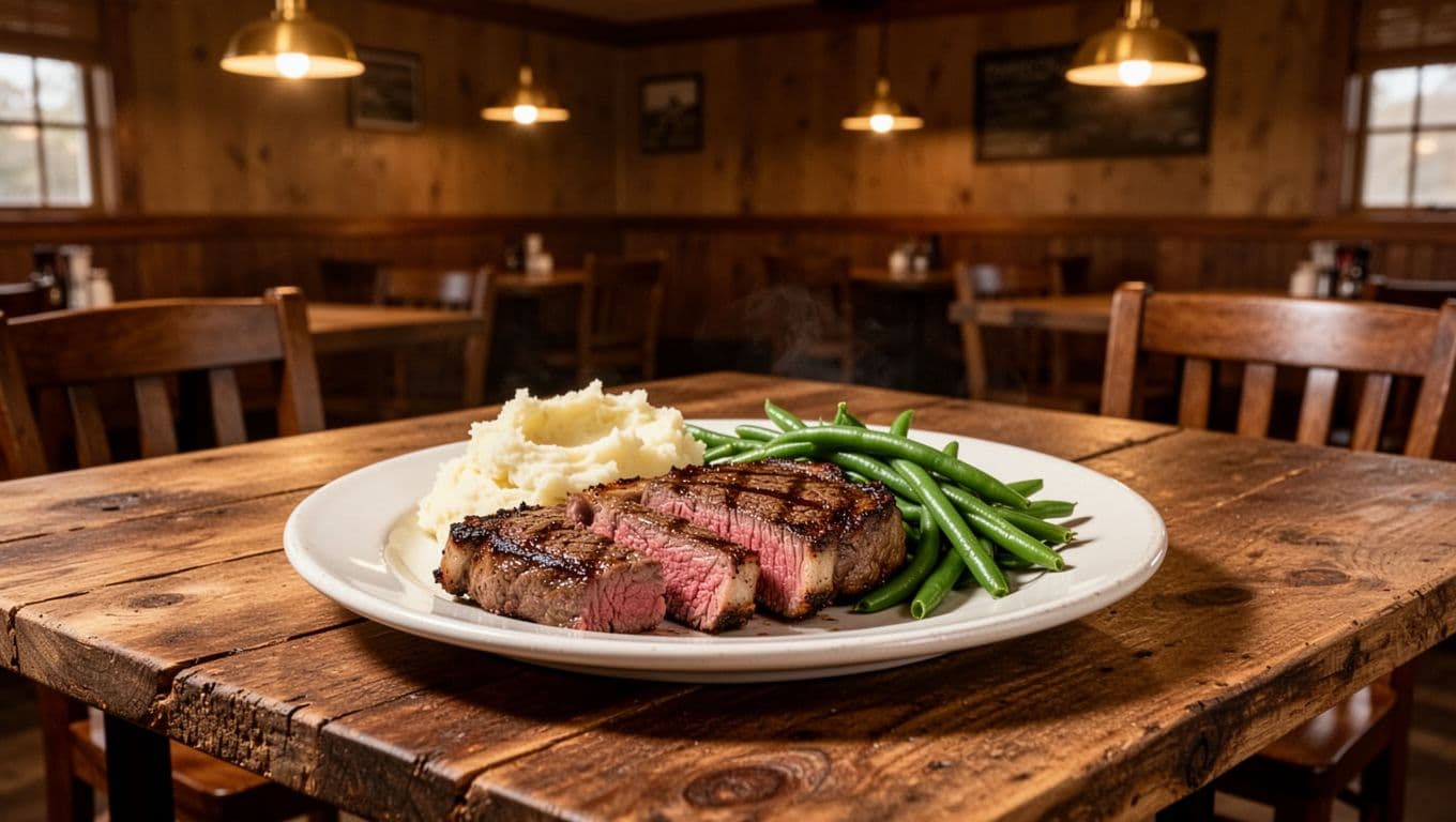 Cozy Alabama grill interior shows sliced ribeye steak with juices, mashed potatoes, and green beans on wooden table under warm lamps, green 'Alabama Grill' banner at top.