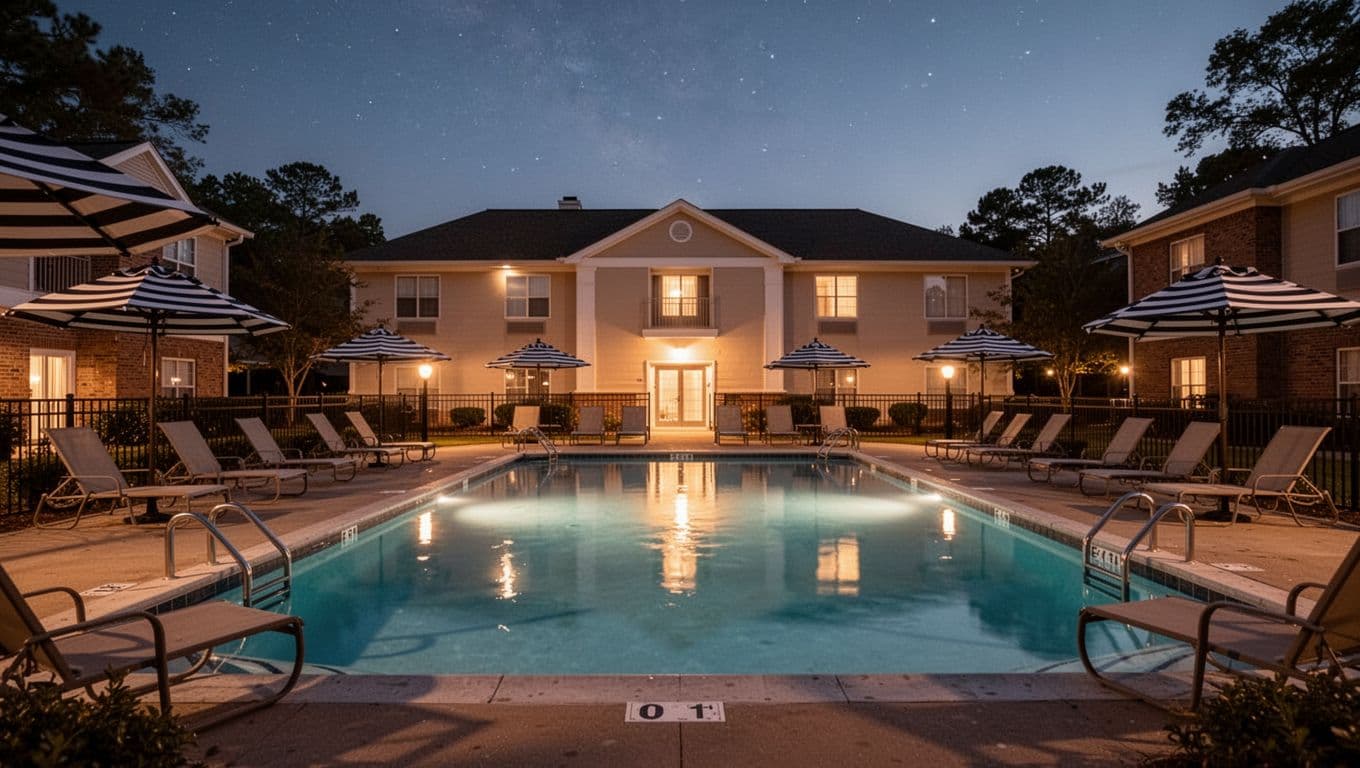 Hotel pool area at dusk in a small Alabama town with lounge chairs, umbrellas, lit building background, and emerging starry sky, evoking a relaxed vibe. Features bold 'Amenities Guide' headline in Title Case on a green edge-to-edge band at the top.
