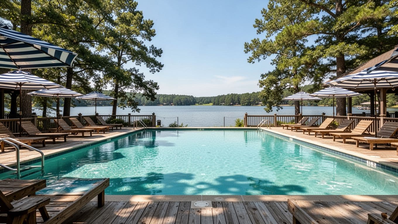 Seasonal outdoor swimming pool at a lakeside lodge in Alabama, with blue water, lounge chairs, umbrellas, poolside trees, and a glimpse of the lake under sunny midday skies.