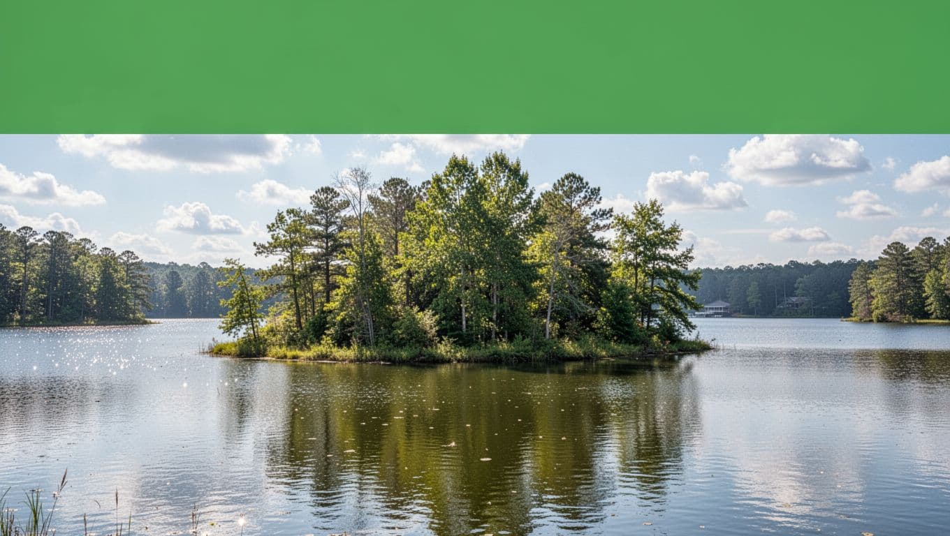Bold 'Nearby Spots' headline on a vibrant green band atop a photorealistic scenic view of a lush green island with wild trees in a calm Alabama lake under sunny daytime lighting.