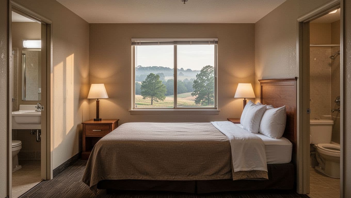 Simple motel guest room interior with queen bed, neutral bedding, lit wooden nightstand lamp, window to Alabama countryside trees, ajar bathroom door, soft morning light, realistic photo, no people or devices.