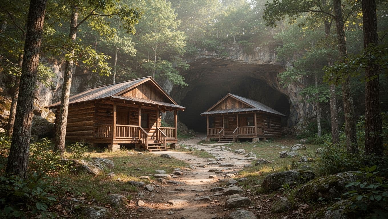 Rustic wooden cabins with porches nestled in a forested Alabama state park near a cave entrance, featuring green trees, a rocky path to caverns, and soft morning light in photorealistic style. Top 20% green #22C55E band with bold 'Park Cabins' headline in Montserrat Black sans-serif.
