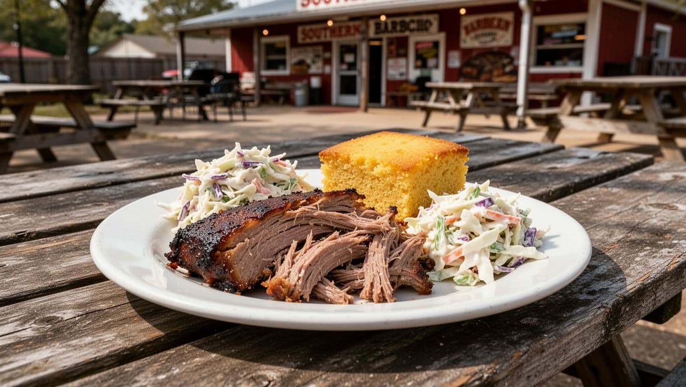 Plate of smoked pulled pork BBQ with coleslaw and cornbread on outdoor picnic table, green band with 'Real Pit BBQ' headline at top.