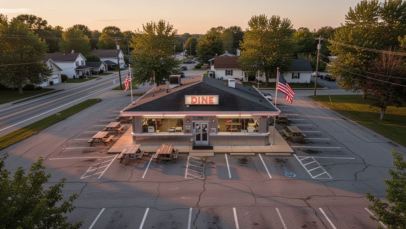 Overhead view of Alabama roadside diner exterior with picnic tables, American flag, parking lot at dusk in golden light, green 'Diner Stop' headline band at top.