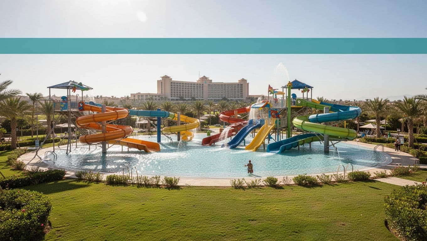Scenic ground-level wide landscape view of a sunny water park with slides and pools, green lawns, and distant hotel, featuring a bold 'Local Fun' headline on a green band at the top.
