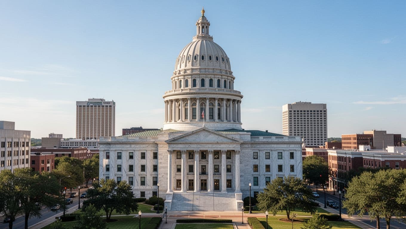 Exterior view of the Alabama State Capitol in Montgomery, AL, showcasing neoclassical architecture with a prominent dome under a clear daytime sky, surrounded by downtown streets and distant hotels. Branded with a bold 'Capitol Proximity' headline for editorial style.